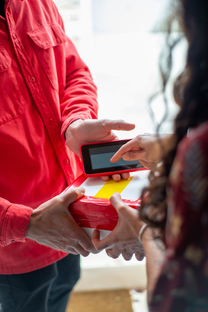portfolio-01 A delivery person in red hands a package to a customer for electronic signature, highlighting e-commerce convenience.